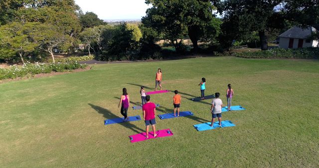 Diverse Group Practicing Outdoor Yoga in Serene Park Setting - Download Free Stock Images Pikwizard.com