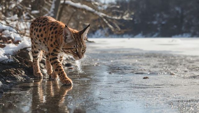 Spotted wild cat walking along frozen pond edge with dripping whiskers and reflection