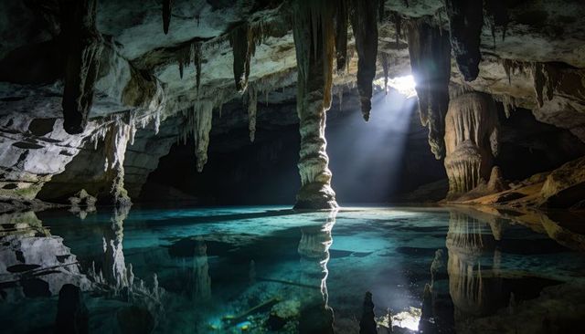 Sunbeam Piercing Turquoise Cenote, Illuminating Calcite Column and Stalactite Reflections