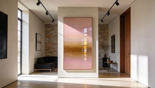Minimalist foyer displaying large pastel gradient abstract painting on central partition