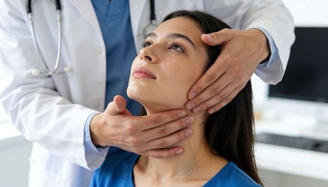 Physician palpating patient neck during thyroid exam in clinical consultation using stethoscope