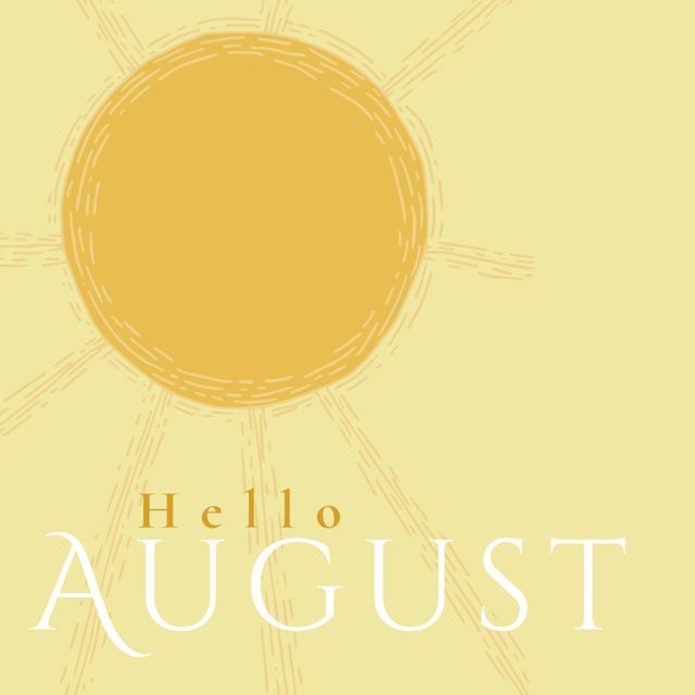 Illustration of bright sun with text welcome August on beige background with plenty of space for copy. Ideal for summer greetings, seasonal promotions, marketing campaigns, social media posts, and blog headers related to August events and celebrations.