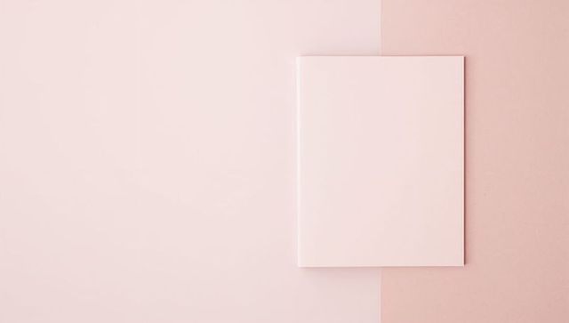 Minimal pastel notebook lying on two-tone pink backdrop with seam and soft shadow