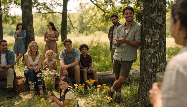 Rustic family gathering in sunlit meadow with man leading toast and wildflower bouquets