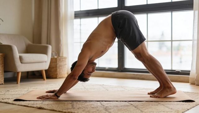 Shirtless man practicing downward dog yoga on mat by sunlit window for home fitness