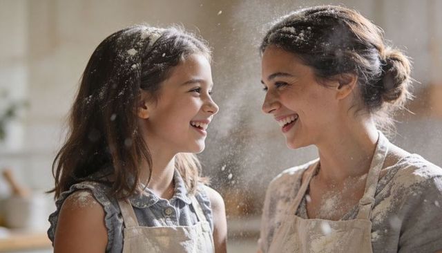 Mother and daughter laughing while baking together in cozy kitchen as flour dust floats