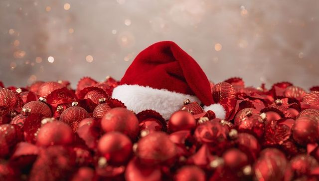 Nestling Santa Hat Among Red Christmas Baubles with Gold Caps and Warm Bokeh