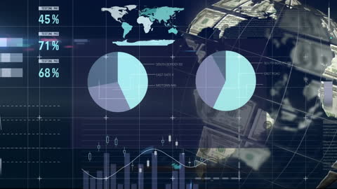Digital World Finance Display Animation with Data Metrics Visualization