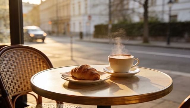 Sunlit bistro table featuring steaming latte and flaky croissant on morning street