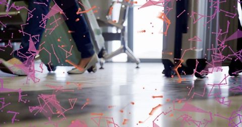 Travelers with Luggage in Business Lounge over Digital Network Interface