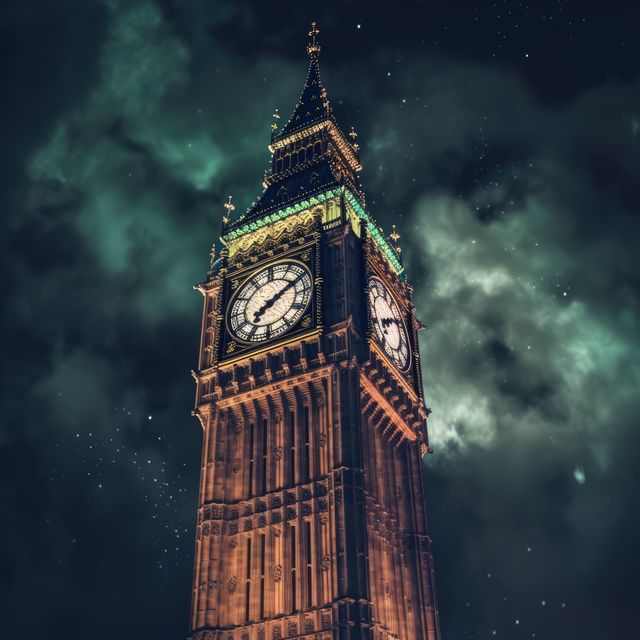 Tall shot of Big Ben illuminated at night against a dramatic, cloudy sky. Useful for travel brochures, historical magazines, and educational materials on London's architecture and landmarks.