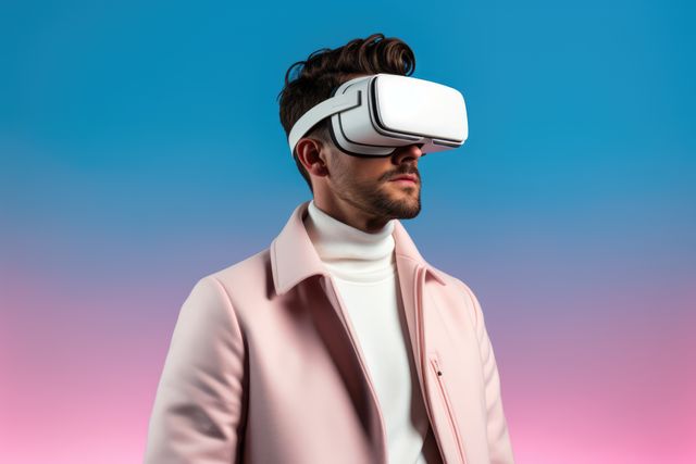 Young man wearing white VR headset, looking into the distance with a gradient blue-pink background. Styled in a pink jacket and white turtleneck, this image depicts the intersection of fashion and modern technology. Ideal for tech blogs, virtual reality articles, fashion magazines, or innovation-focused marketing materials.