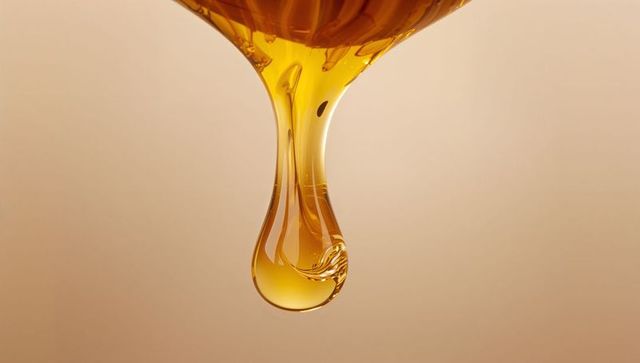 Golden amber droplet dripping from viscous meniscus, glossy translucent closeup