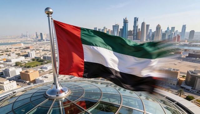 Waving united arab emirates flag over coastal city skyline on circular glass dome rooftop
