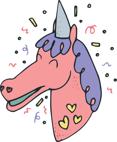 Colorful cartoon unicorn smiling on transparent background