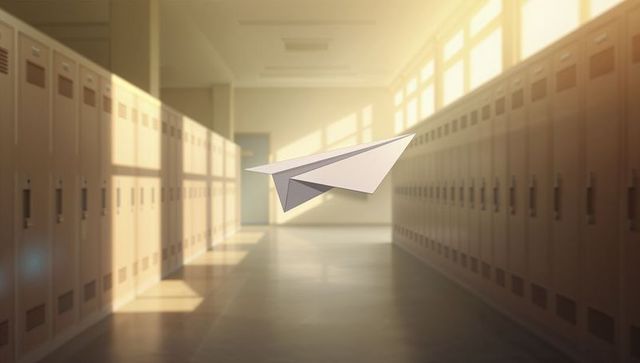 Paper airplane gliding through sunlit school corridor with lockers and golden light
