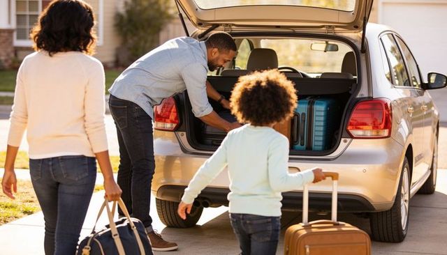 Family loading luggage into silver hatchback on driveway preparing for road trip