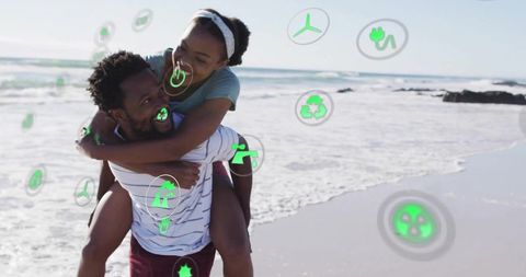 Romantic Couple Enjoying Eco-Friendly Beach Day with Nature Icons