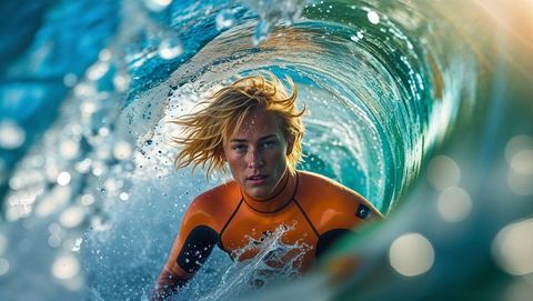 Female surfer riding barrel wave in vibrant orange wetsuit