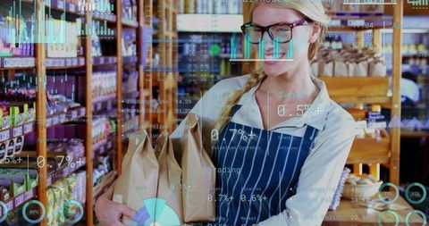 Independent Shop Clerk Holding Paper Bags with Digital Retail Analytics Overlay