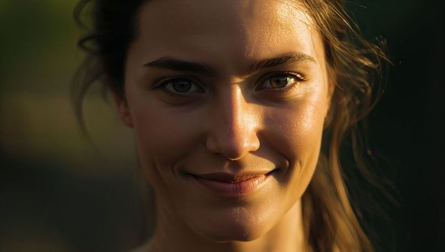Smiling woman making direct eye contact in golden-hour close-up headshot with sunlit skin, bokeh