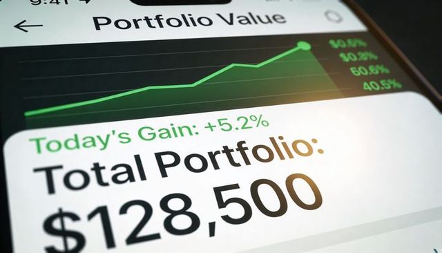 Displaying smartphone showing growing investment portfolio with $128,500 total balance