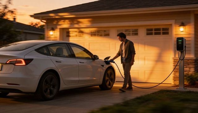 Man plugging electric car into home charger at sunset in suburban driveway