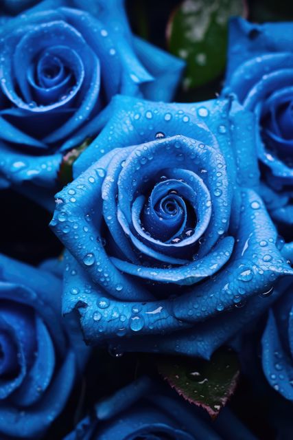 A close-up of vibrant blue roses covered in water droplets. Blue roses symbolize mystery and the impossible, often conveying a sense of enchantment.