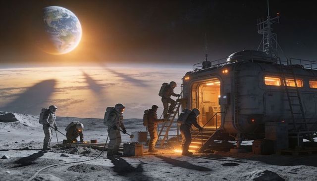 Lunar crew repairing habitat ladder under glowing Earthrise at advanced moon base operations