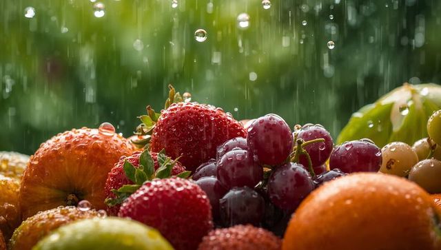 Rain-kissed fresh fruit still life with strawberries, grapes, apples, oranges