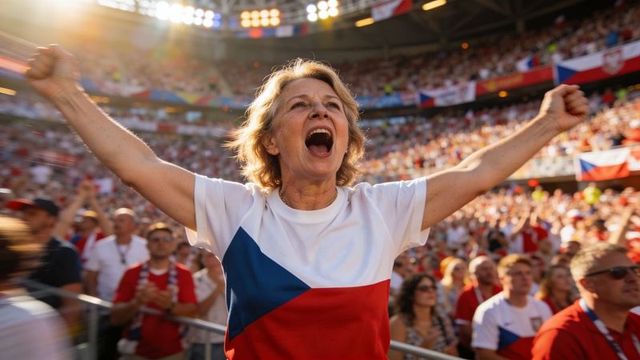 Triumphant middle-aged woman cheering in stadium wearing czech flag t-shirt, arms raised