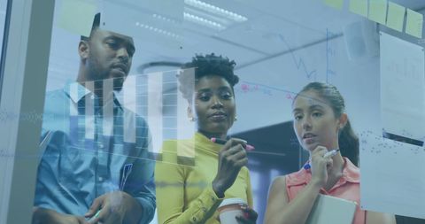 This scene features a diverse group of professionals intensely focused on analyzing financial data in an office environment. Multiple digital graphs and charts overlay the setting, emphasizing the theme of data processing and innovation. This visual can be used to portray themes of teamwork, strategic meetings, and innovative finance in promotional materials for business courses, corporate training, or digital finance solutions.