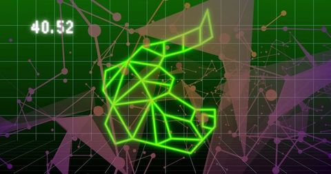 Floating neon wireframe polygon hovering over 3D grid showing HUD 40.52 and network nodes