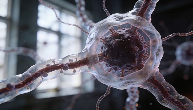 Translucent neuron soma revealing gel membrane and dark nucleus with neurites and vesicles
