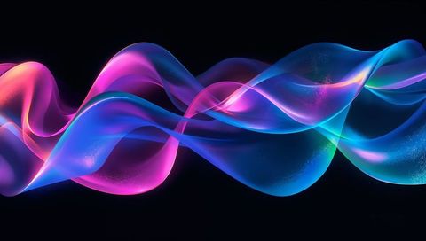 Flowing neon ribbon waves with vivid gradient glow over dark void