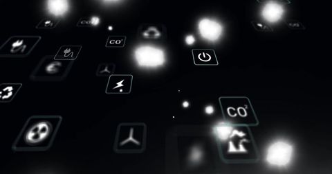 Futuristic holographic energy dashboard showing floating co2 emissions and power icons