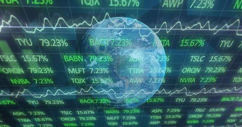 Rotating Earth Over Stock Tickers and Sparklines Showing Global Financial Data