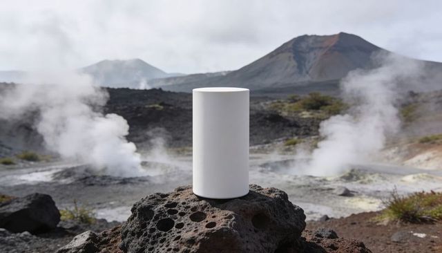White cylindrical device sitting on porous volcanic rock in steaming geothermal landscape