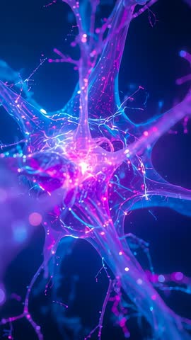 Circling Glowing Neuron with Pulsing Signals in Neon Blue and Magenta Vertical Video