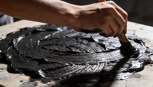 Spreading glossy black paint with wide brush on wooden surface creating bold texture