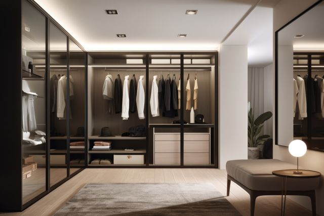 Modern light walk in wardrobe with mirror, created using generative ai technology. Interior design, home decor and clothes storage concept digitally generated image.