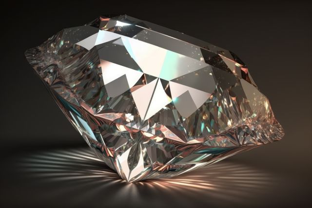 Large, intricately cut diamond featuring reflective surfaces and sparkling facets. Suitable for use in advertising luxury products, illustrating concepts of wealth and extravagance, or adding a touch of glamor to digital and print media projects.