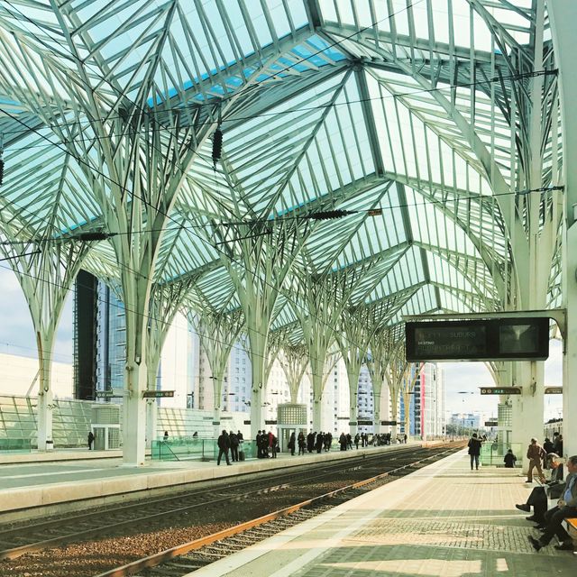 Modern train station platform with passengers waiting for trains. The unique architectural design and glass roof create a futuristic urban ambiance. Ideal for content related to public transportation, travel, infrastructure, urbanization, and city life.