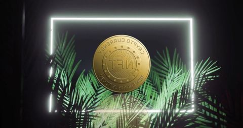 Floating gold nft token hovering in neon frame with tropical palm fronds