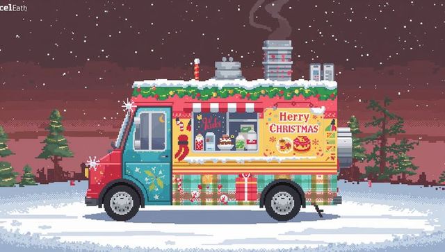 Pixel art christmas food truck at night showing cakes and coffee, festive snowy bakery