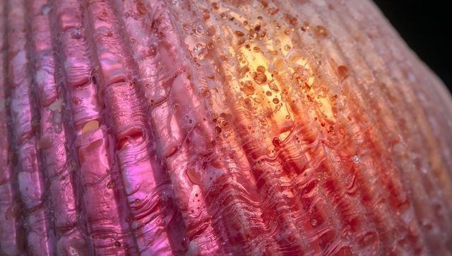 Ribbed seashell shimmering with warm backlight in macro showing iridescent droplets