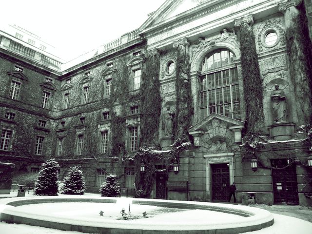 The image shows a majestic historic European building with ivy-covered walls, blending into a snowy winter scene. The facade is adorned with ornate stonework, including statues and arched windows. Snow blankets the courtyard, adding to the serene and timeless atmosphere. This image could be used for travel brochures, historical society promotions, or architectural articles to evoke a sense of history and winter charm.
