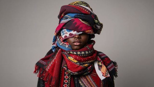 Female teen wearing layered patterned scarves and shawls, vibrant woven textile portrait