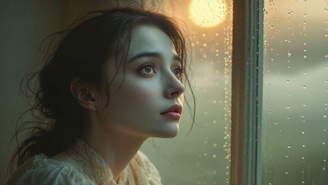 Pensive woman staring out rain-specked window in golden tranquility