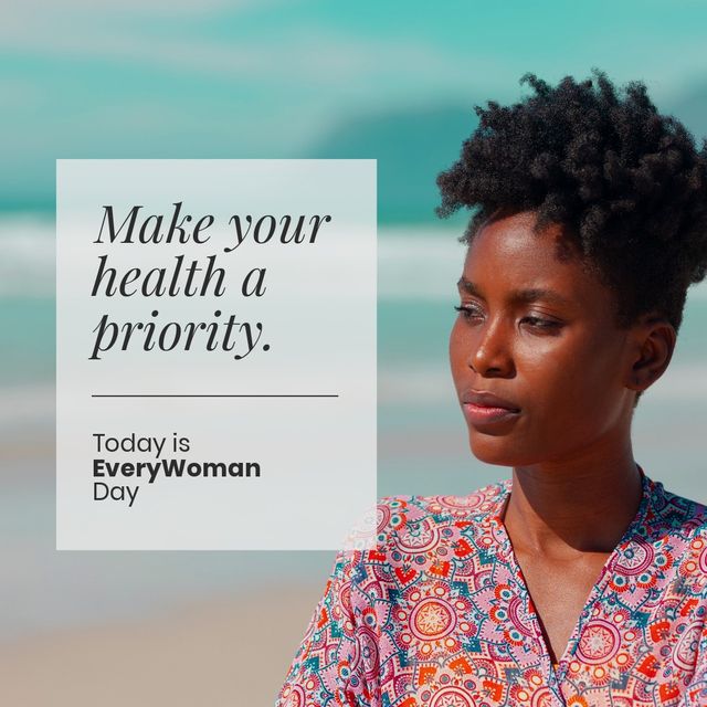Thoughtful african american woman and make your health a priority and today is every woman day text - Download Free Stock Videos Pikwizard.com